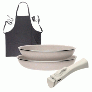 BERGNER - Jeu de 2 poêles Ø24/28 cm en aluminium pressé antiadhésif avec manche amovible avec tablier de cuisine gris foncé 100% coton 75x80 cm -