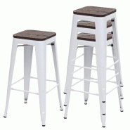 Décoshop26 - Lot de 4 tabourets de bar assise en bois cadre en métal blanc design industriel empilable 04_0007577 - blanc 3000262182299