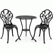 COSTWAY Set jardin 3 pièces, table bistro avec 2 chaises, aluminium, pour balcon, noir - noir métal ZB34075NW