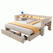 Merax canapé-lit rembourré LED 90/180x190 cm, USB-C, 2 tiroirs, banquette à côté haut droit, rangements, velours beige - beige multi-matériau LD