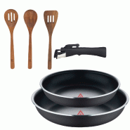 BERGNER - Ensemble de 2 poêles Ø22/26 cm en aluminium embouti noir avec poignée amovible et ensemble de 3 ustensiles de cuisine en acacia - PK9611