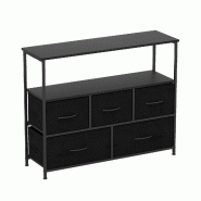 COSTWAY Commode avec 5 tiroirs en tissu et étagères, meuble avec plateau bois et cadre métallique, meuble de rangement 100 × 30 × 80 cm, noir - n