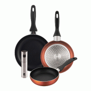 BERGNER - Set de 3 poêles Ø16/20/24cm en aluminium pressé cuivre métallisé avec Vaporisateur d'huile/vinaigre Ø4x17,5cm en acier inoxydable - PK9914