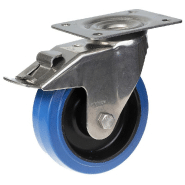 Roulette pivotante/frein de 160mm en acier inoxydable avec caoutchouc élastique bleu sur centre en nylon Roulette pivotante/frein de 160mm en acier inoxydable avec caoutchouc élastique bleu sur centre en nylon