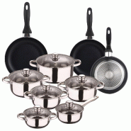 WellHome - Batterie de cuisine de 12 pièces en acier inoxydable con jeu de 3 poêles Ø16/20/24cm Noir en aluminium pressé - multi-matériau PK8185