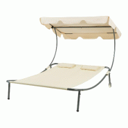 Helloshop26 - Chaise longue double avec auvent acier laqué polyester beige 03_0009208 - 3000224563074