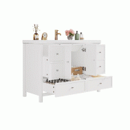Merax vasque sur pied 120x50x86.5cm, meuble bas de salle de bain avec vasque en céramique, 4 tiroirs à fermeture amortie, portes doubles, blanc - bl