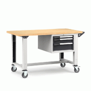 Établi roulant plateau bois L.1500 mm et pieds réglables + bloc 3 tiroirs NOVALP