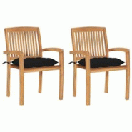 VidaXL Chaises De Jardin Lot De 2 Et Coussins Noir Bois De Teck Massif - noir 3063274 VidaXL Chaises De Jardin Lot De 2 Et Coussins Noir Bois De Teck Massif - noir 3063274
