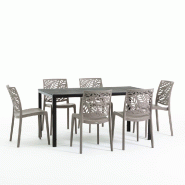 RATTATAN Ensemble repas de jardin avec table rectangulaire à structure en acier et 6 chaises monobloc en résine empilables – Thomas + Dafne / Taup