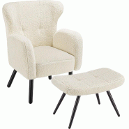 TecTake GmbH tectake Fauteuil avec repose-pieds VÄNERSBORG bouclé rembourrage épais dossier haut style scandinave sièges à oreill, Bouclé crème