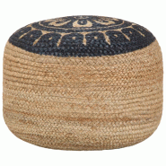 Décoshop26 - Pouf tabouret repose-pied fait à la main 45 x 30 cm jute brun motif imprimé bleu DEC029975 - 3000257660825