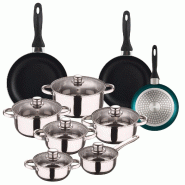 WellHome - Batterie de cuisine 12 pièces en acier inoxydable avec lot de 3 poêles Ø16/20/24 cm bleu métallisé en aluminium pressé - multi-matér