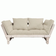 BANQUETTE MÉRIDIENNE FUTON BEAT PIN NATUREL TISSU COLORIS BEIGE COUCHAGE 75*200 CM.