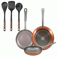 BERGNER - Set de 3 poêles en aluminium pressé Ø18/22/26cm compatibles induction Optimum Plus avec set de 3 ustensiles de cuisine en PBT noir et cui