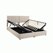 Merax Lit rembourré 180x200 cm, lit coffre hydraulique, lit double 2-en-1 en lin, tête de lit réglable, Beige - beige multi-matériau LDU00092AAA