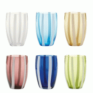 Zafferano Ensemble De 6 Verres Tumbler Gessato En Verre Soufflé À La Bouche Avec Décor À Bandes Verticales Blanches, Coloris Assortis, Style Artis
