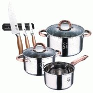 BERGNER - Batterie de Cuisine de 5 Pièces Ø16/18/20cm compatible induction avec set de 3 couteaux et support magnétique mural en acier inoxydable -