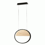Fabas Luce Suspension Led Pierre 29 W Ø 400 Mm, Structure En Métal Noir Et Bois, Lumière Chaude 3000 K, Intensité Réglable, Design Moderne Et Raf