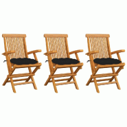 VidaXL Chaises De Jardin Avec Coussins Noir Lot De 3 Bois Teck Massif - noir 3062536