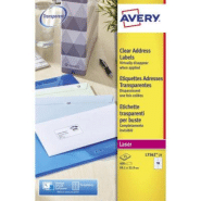 Avery étiquettes adresses pour imprimantes laser 99,1x33,9 mm - auto-adhésives transparentes -paquet de 25 feuilles x 16 étiquettes Avery étiquettes adresses pour imprimantes laser 99,1x33,9 mm - auto-adhésives transparentes -paquet de 25 feuilles x 16 étiquettes