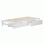 Décoshop26 - Lit palette en bois massif blanc 90x200 cm avec tiroirs de rangement et sommier à lattes LIT06219 - blanc Bois massif 3000501269606