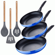 San Ignacio - Ensemble de 3 poêles 16/20/24 cm en aluminium embouti compatible induction avec ensemble de 3 ustensiles de cuisine en silicone et bois