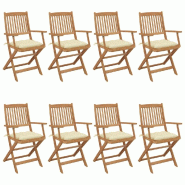 VidaXL Chaises Pliables De Jardin Lot De 8 Avec Coussins Bois D Acacia - blanc 3074984