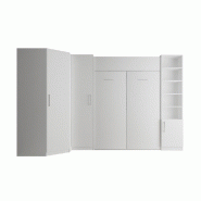 COMPOSITION ARMOIRE LIT ESCAMOTABLE DYNAMO BLANC MAT COUCHAGE 140 X 200 CM  2 COLONNES RANGEMENTS + ANGLE