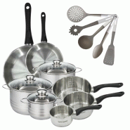 Batterie cuisine 2 poêles 20/28 cm 3 faitouts 16/20/24 cm 3 casseroles 12/16/20 cm 5 ustensiles Fackelmann Geneva - gris inox 3176239922073