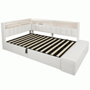 Merax LED lit rembourré 140 x 200 cm, lit double avec espace de rangement hydraulique, banquette de lit, USB-A/C - blanc multi-matériau WX001062AAK_0
