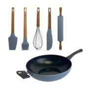 San Ignacio Noia - Wok Ø30cm en aluminium pressé couleur bleue avec set de 5 ustensiles en silicone et bois - bleu PK8782