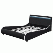 Décoshop26 - Lit double 2 personnes capitonné LED 140 x 200 cm en cuir synthétique noir avec sommier à lattes 03_0005333 - noir 3000633499780