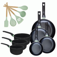 Batterie de cuisine avec 4 poêles 16/20/24/28 cm et 3 casseroles 16/18/20 cm et 5 ustensiles de cuisine Fackelmann Brandao Océan - noir aluminium 31