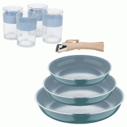 BERGNER - Jeu de 3 Poêles Ø18/20/24cm en Aluminium Pressé Recyclé Vert avec Poignée Amovible et Jeu de 4 Verres de 0,5L - PK9681