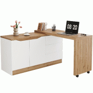 Merax Bureau à roulettes, plateau pivotant, bureau multifonction et buffet, 2 portes et 3 tiroirs, 120 x 50 x 78 cm, blanc/chêne - blanc Bois manufa
