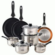 WellHome - Batterie de cuisine de 8pc en acier inoxydable avec Ensemble de 3 Poêles Ø16/20/24cm Bronze métallisé en aluminium pressé - multi-mat�