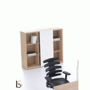 Bibliothèque avec porte coulissante Mito - MDD - Blanc brillant, Sycomore clair_1