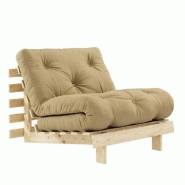 FAUTEUIL CONVERTIBLE FUTON ROOTS PIN NATUREL COLORIS BEIGE BLÉ COUCHAGE 90 X 200 CM.