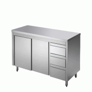 GastroHero Armoire de travail ECO en inox avec porte coulissante et 3 tiroirs 15x6 avec dosseret ! - argenté inox ASS3SR-ECO15X6A