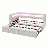 Merax lit rembourré 90x200 cm avec lit gigogne 90x190 cm, banquette, côté haut droit, LED, USB-C, rangements, velours beige - beige multi-matériau