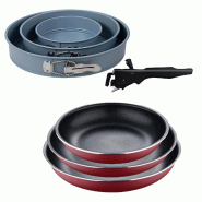 BERGNER - Jeu de 3 poêles Ø18/20/24 cm en aluminium embouti rouge avec poignée amovible avec jeu de 3 moules de four ronds Ø12/18/22 cm - PK9805
