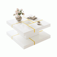 Merax Table basse à deux niveaux 80 x 80 x 38 cm avec évidement central et bords en métal doré, blanc - blanc N621P453114W