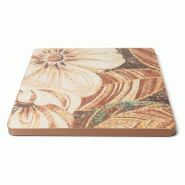 Bistromania Plateau de table pierre frittée, décor floral mosaïque crème et terracotta sur fond brun chocolat, chant cuivré – 70 x 70 x 4 cm -