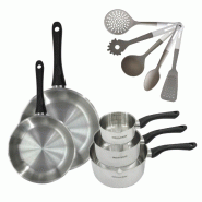 Lot de 2 Poêles Inox 24/28 cm et 3 Casseroles 12/16/20 cm Fackelmann Geneva avec 5 ustensiles - gris inox 3176239922301