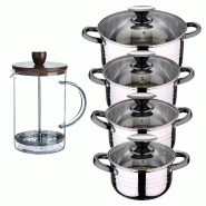 BERGNER - Batterie de cuisine DINA 8pcs 16/18/20/24cm acier inoxydable compatible induction avec cafetière à piston verre borosilicate 15,8×10×18, BERGNER - Batterie de cuisine DINA 8pcs 16/18/20/24cm acier inoxydable compatible induction avec cafetière à piston verre borosilicate 15,8×10×18,