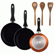 BERGNER - Set de 3 poêles Ø16/20/24cm en aluminium pressé Bronze métallisé avec set de 3 ustensiles de cuisine en bois d’acacia - PK9859
