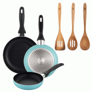 BERGNER - Set de 3 poêles Ø16/20/24cm en aluminium pressé Bleu mat avec set de 3 ustensiles de cuisine 32,8x33x7x1,4cm Xmart - PK9918