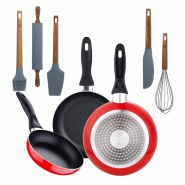 BERGNER - Jeu de 3 poêles Ø16/Ø20/Ø24 cm en aluminium pressé compatible induction Navy Red avec set de 5 ustensiles de cuisine en silicone et boi