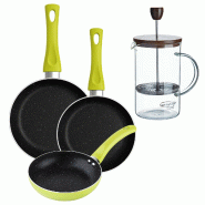 BERGNER - Ensemble de 3 poêles Ø20/Ø24/Ø28 cm en aluminium embouti Molen Vert avec cafetière à piston en verre borosilicate 15,8 × 10 × 18,8 c